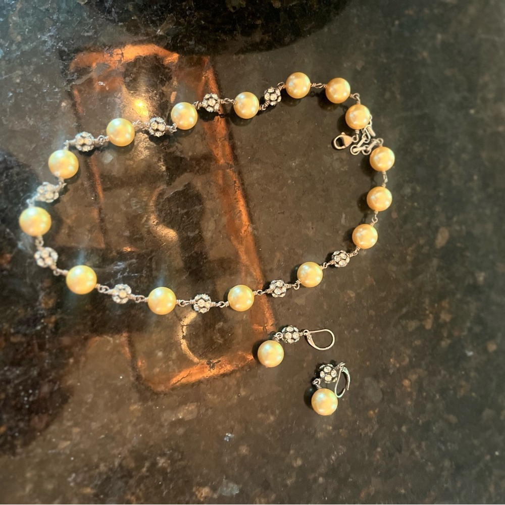Vintage Hand Made Gold Pearl Jewelry Set with crystal accents